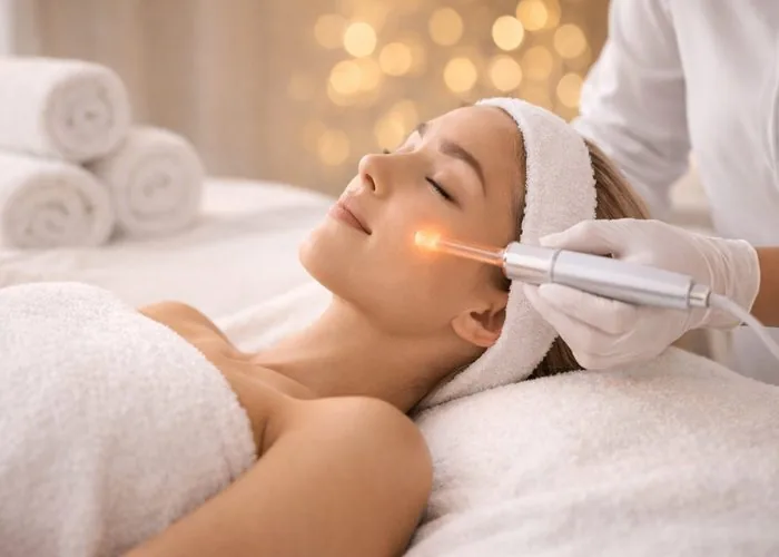 Client receiving a facial treatment with a handheld light device