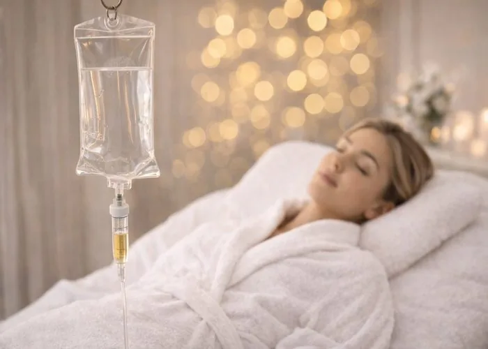 Client resting in a robe while receiving an IV therapy drip