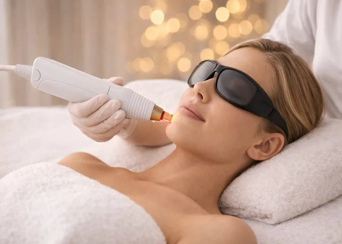 Client wearing protective goggles during a laser skin treatment