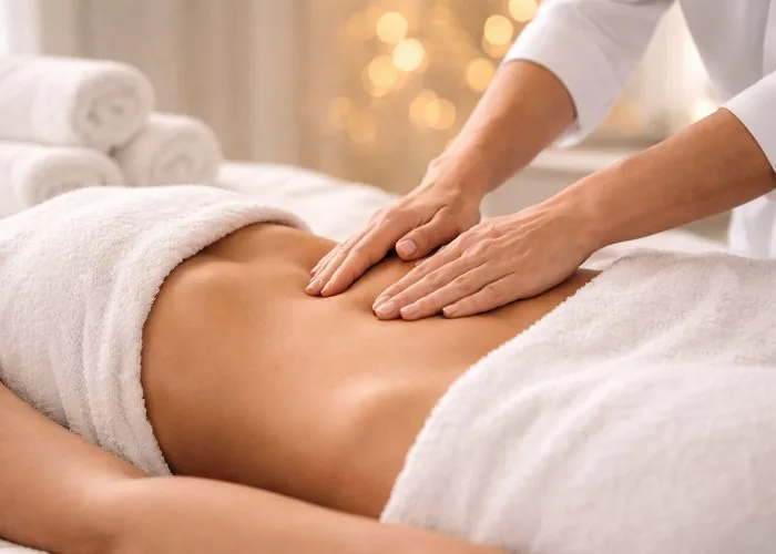 Therapist's hands performing lymphatic drainage massage on a client's abdomen