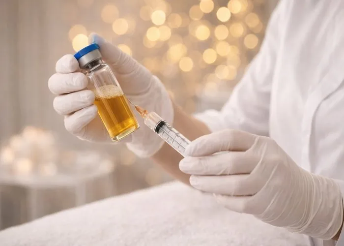 Gloved hands drawing PRP from a vial into a syringe
