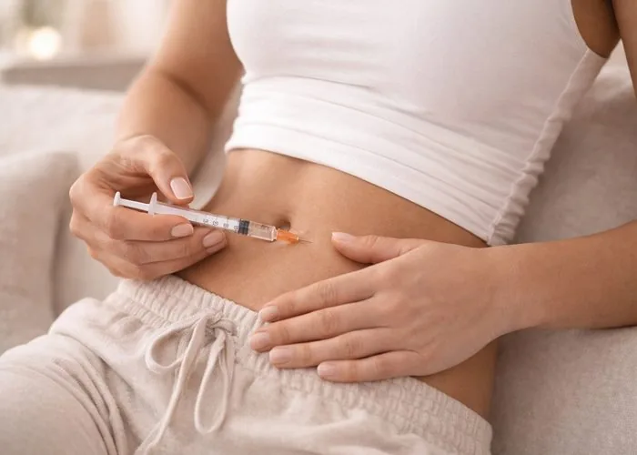 Woman self-administering a small weight-loss injection into her abdomen